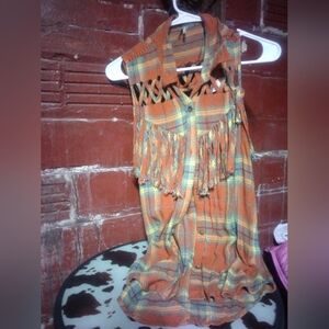 Buckle Orange Plaid Fringe Vest